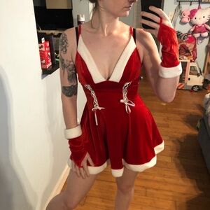 “Avid love” Red & white Santa dress with lace up front and bow